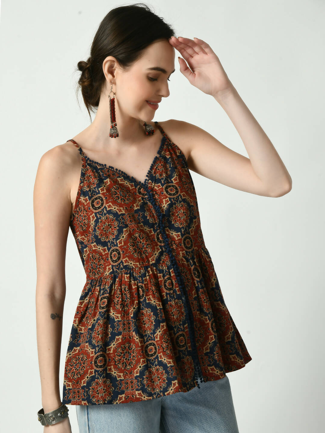 Myshka Women's Rust Printed Sweetheart Neck Top - Distacart
