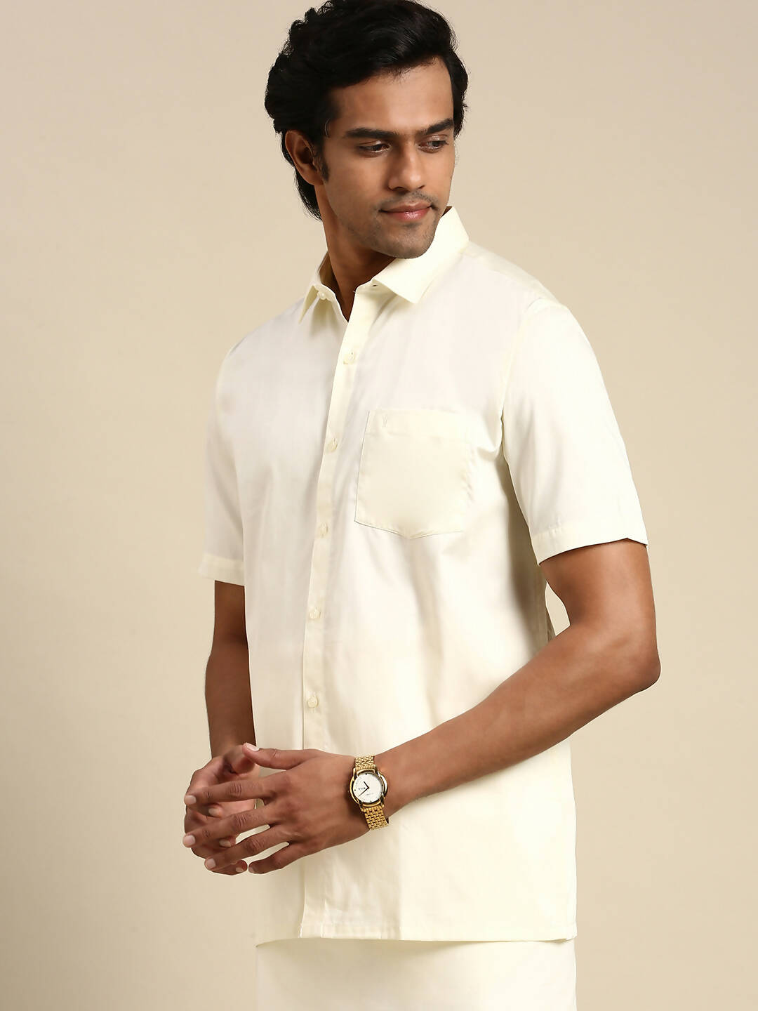 Ramraj Cotton Mens Cotton Cream Colour Half Sleeve Shirt - Distacart