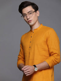 Thumbnail for Manyavar Men Mustard Yellow Pure Cotton Solid Kurta - Distacart