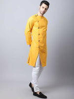 Thumbnail for Even Apparels Yellow Pure Cotton Sherwani Kurta With Asymetrical Cut - Distacart