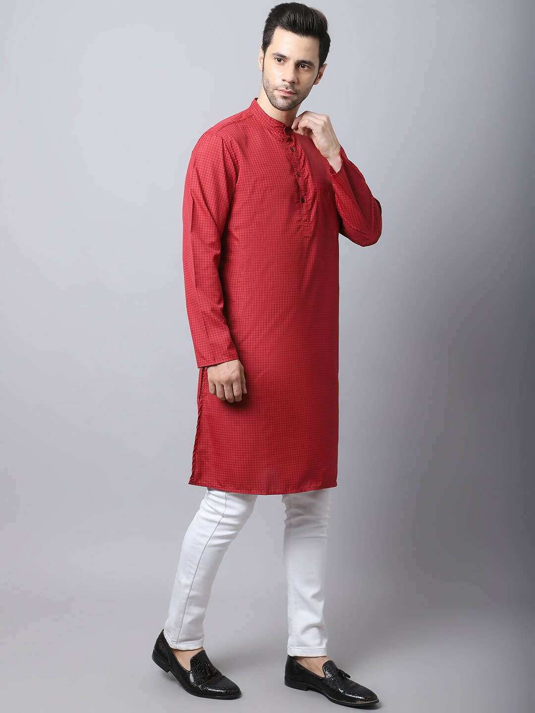 Even Apparels Maroon Cotton Checked Men's Kurta With Band Collar - Distacart