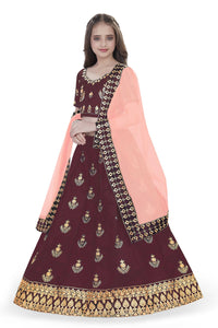 Thumbnail for Dwiden Maroon Kamal Tafetta Sattin Semi-Stitched Girl's Lehenga Choli - Distacart