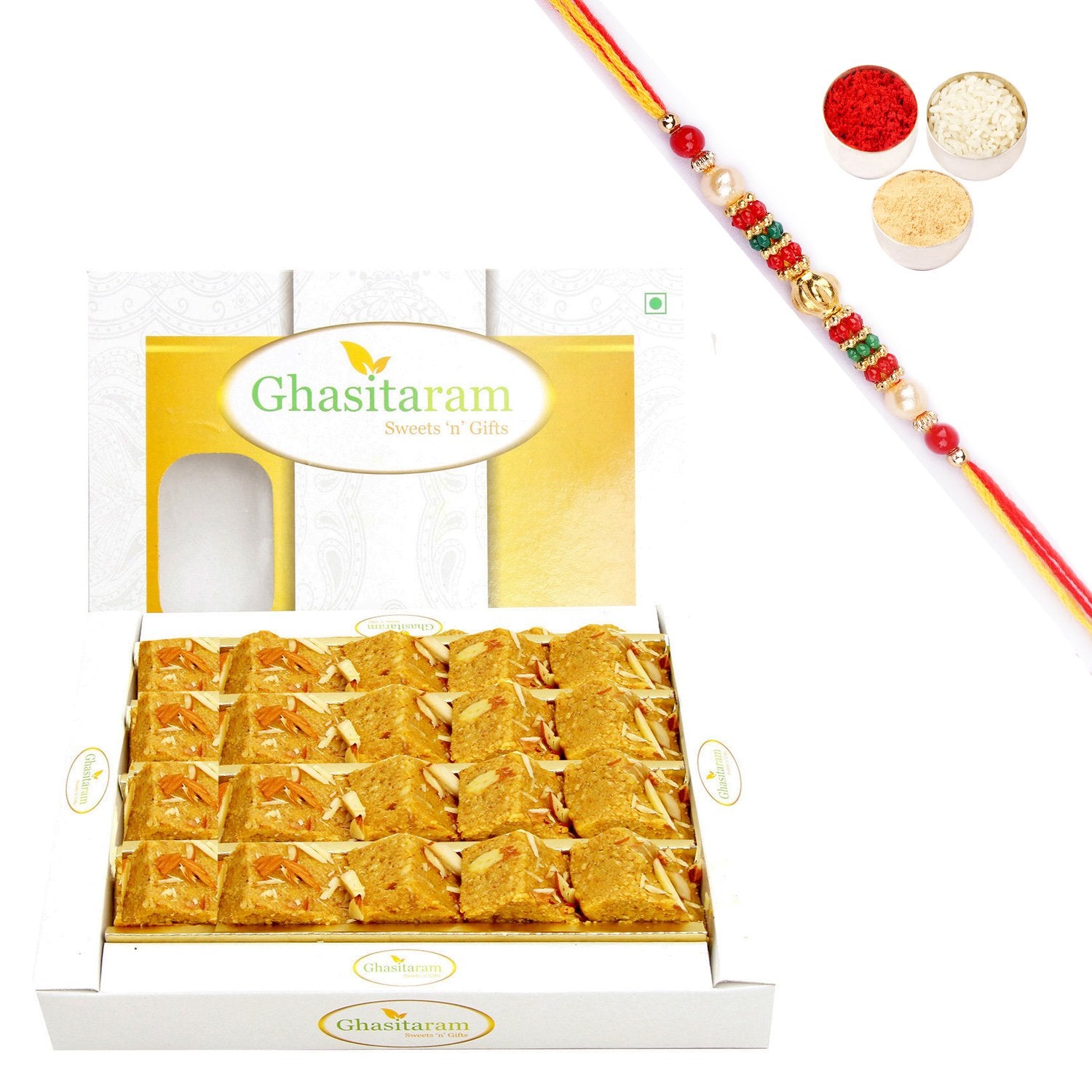 Ghasitaram Nani's Special Besan Barfi With Pearl Beads Rakhi - Distacart