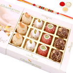 Thumbnail for Ghasitaram Assorted Dryfruit Sweets in White Box With Pearl Beads Rakhi - Distacart