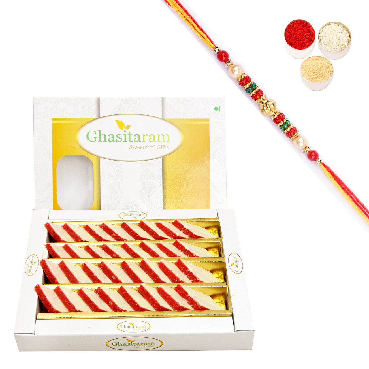Ghasitaram Irish kaju Katli With Pearl Beads Rakhi - Distacart