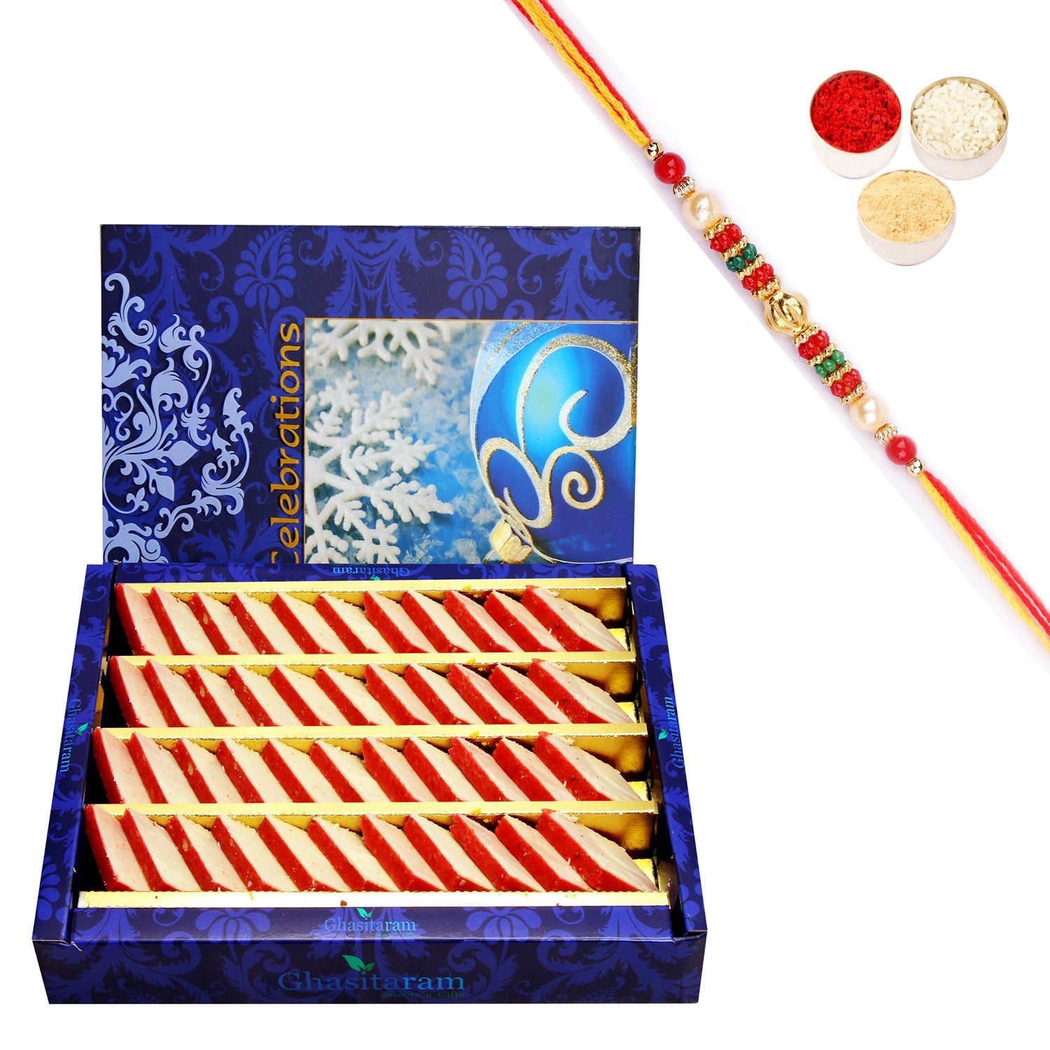 Ghasitaram Irish kaju Katli With Pearl Beads Rakhi - Distacart
