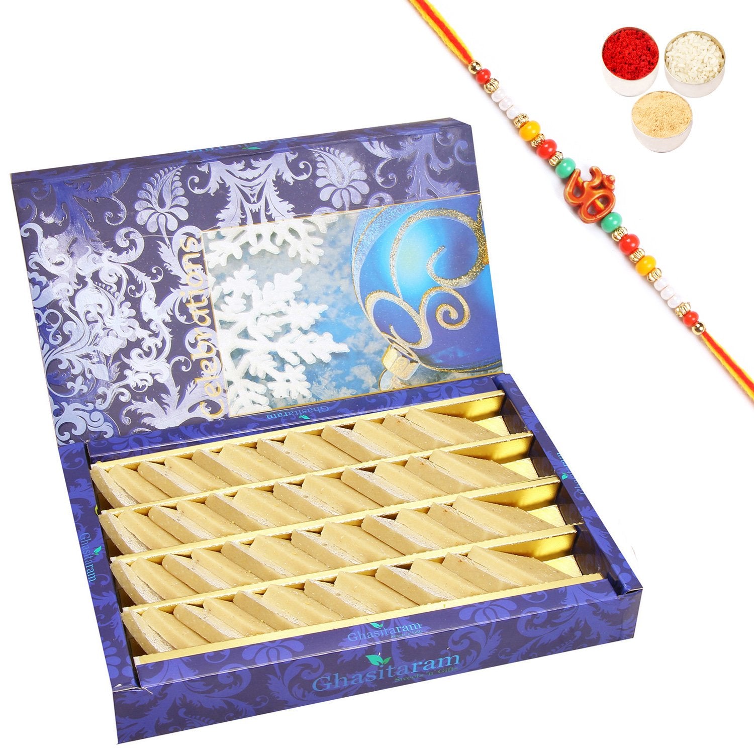 Ghasitaram Pure Kaju Katlis Box With Pearl Beads Rakhi - Distacart