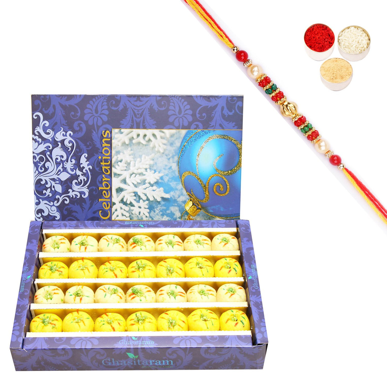 Ghasitaram Assorted Mewa bite Box With Pearl Beads Rakhi - Distacart