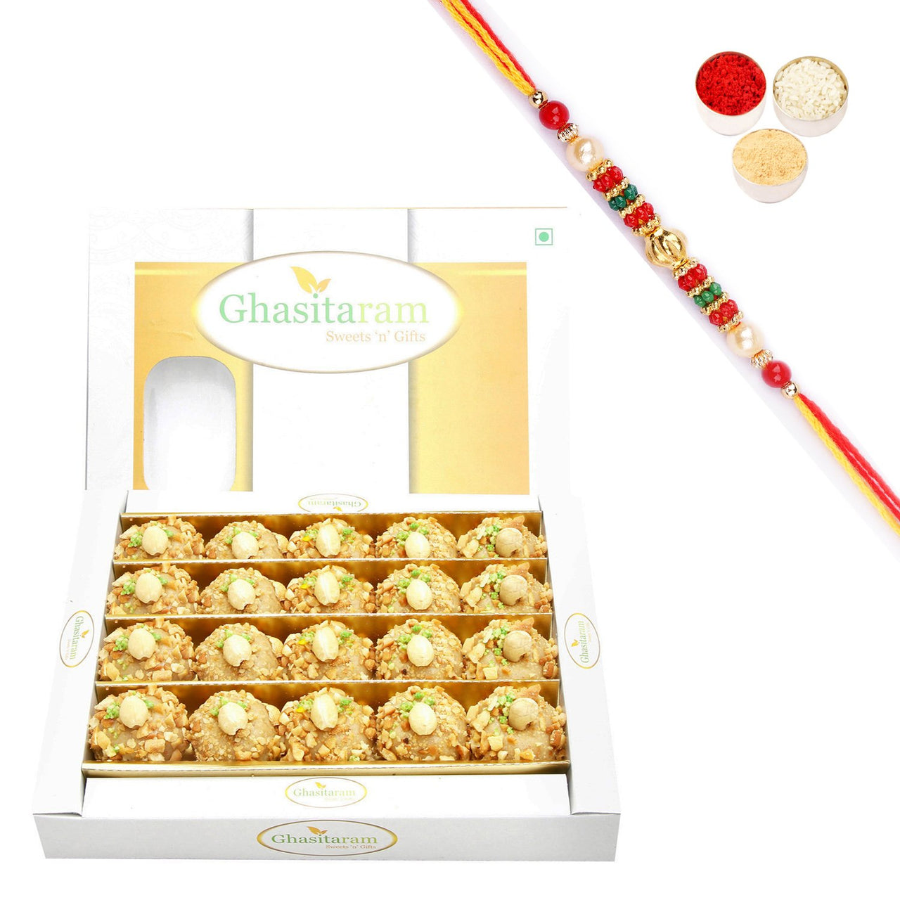 Ghasitaram Roasted Kaju Laddoo With Pearl Beads Rakhi - Distacart
