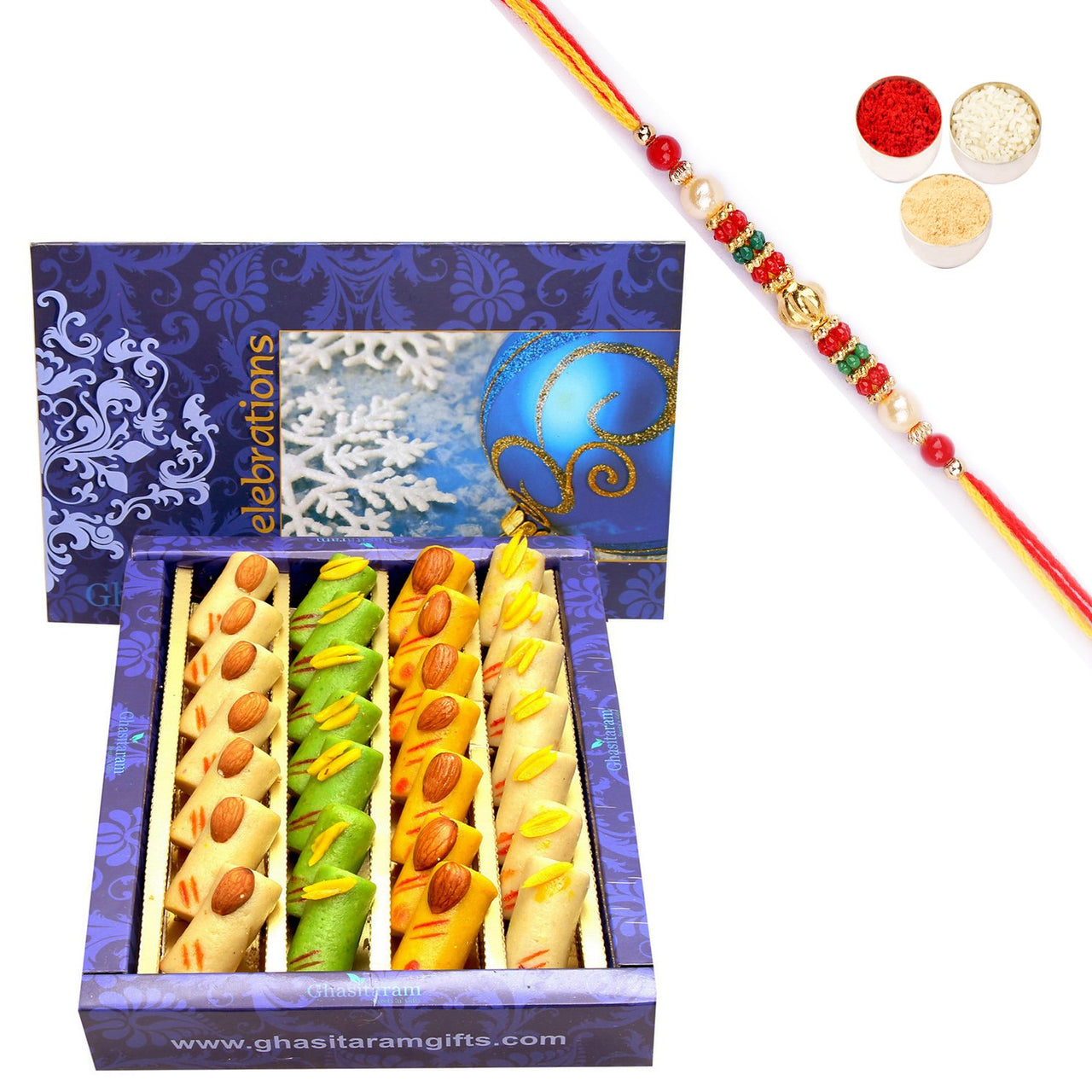 Ghasitaram Assorted Rolls Box With Pearl Beads Rakhi - Distacart