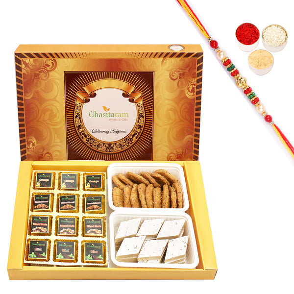 Ghasitaram Assorted Chocolates, Kaju Katli and Methi Mathi With Pearl Beads Rakhi - Distacart