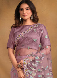 Thumbnail for Light Purple Velvet Texture Net Designer Saree with Unstitched Blouse - Norita Mahitha - Distacart