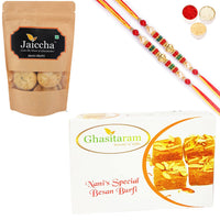Thumbnail for Ghasitaram Besan Barfi and Methi Mathi With 2 Pearl Beads Rakhis - Distacart