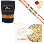 Thumbnail for Ghasitaram Soan Papdi and Butter Chakli Sticks With 2 Pearl Beads Rakhis - Distacart