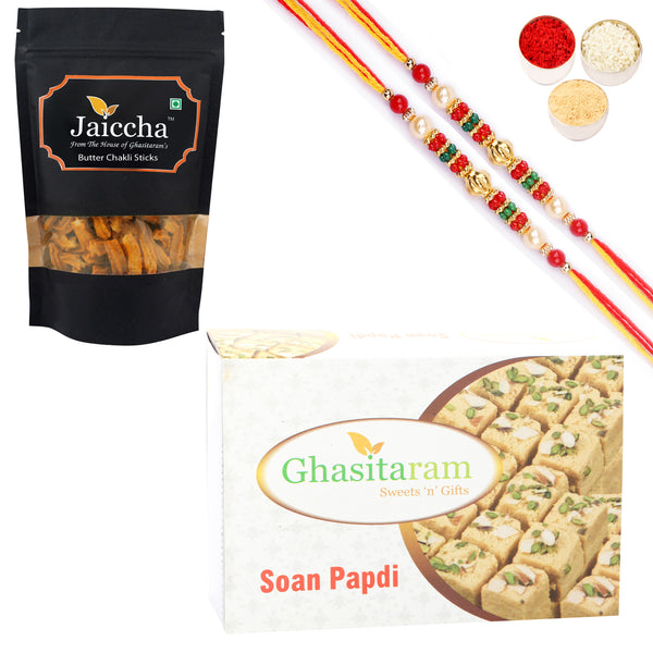 Ghasitaram Soan Papdi and Butter Chakli Sticks With 2 Pearl Beads Rakhis - Distacart