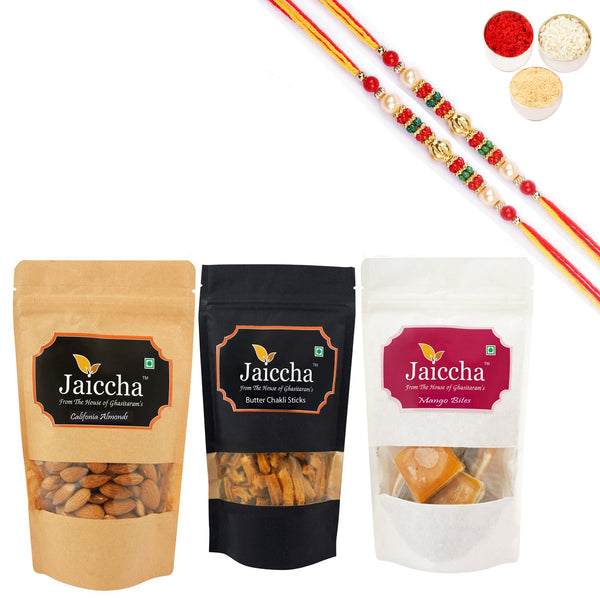 Ghasitaram Jaiccha Mango Bites, Butter Chakli Sticks and Almonds With 2 Pearl Beads Rakhis - Distacart