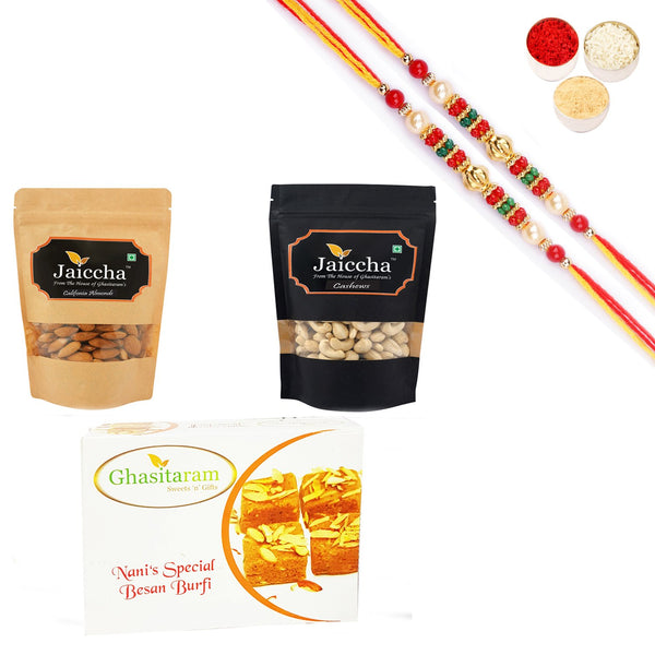 Ghasitaram Almonds, Cashews and Besan Barfi With Pearl Beads Rakhi - Distacart