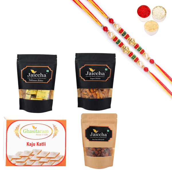 Ghasitaram Kaju Katli, Mewa Bites Pouch, Soya Sticks Pouch and Flavoured Almonds Pouch With Pearl Beads Rakhi - Distacart