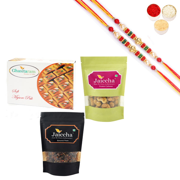 Ghasitaram Mysore Pak, Protein Cashews and Banarsi Paan With Pearl Beads Rakhi - Distacart