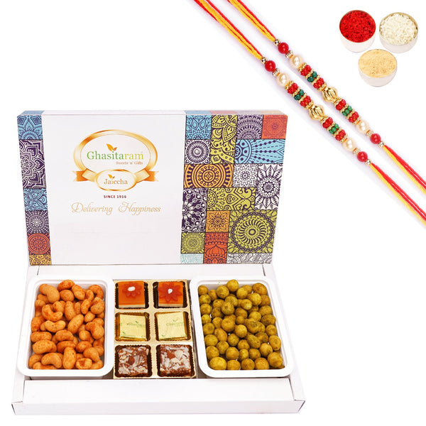 Ghasitaram Assorted Festive Box of Assorted Bites, Crunchy Cashews, Crunchy Peanuts With 2 Pearl Beads Rakhis - Distacart