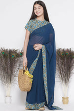 Thumbnail for Little Bansi Floral Print Ready To Wear Saree And Floral Blouse - Blue - Distacart