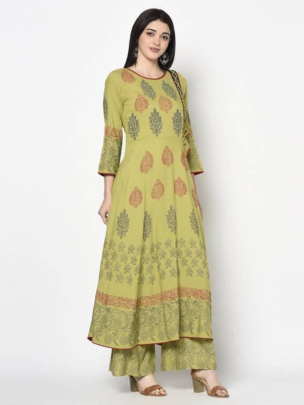 Aniyah Rayon Parrot Green Color Block Print Anarkali Palazzo Set (AN-194K)