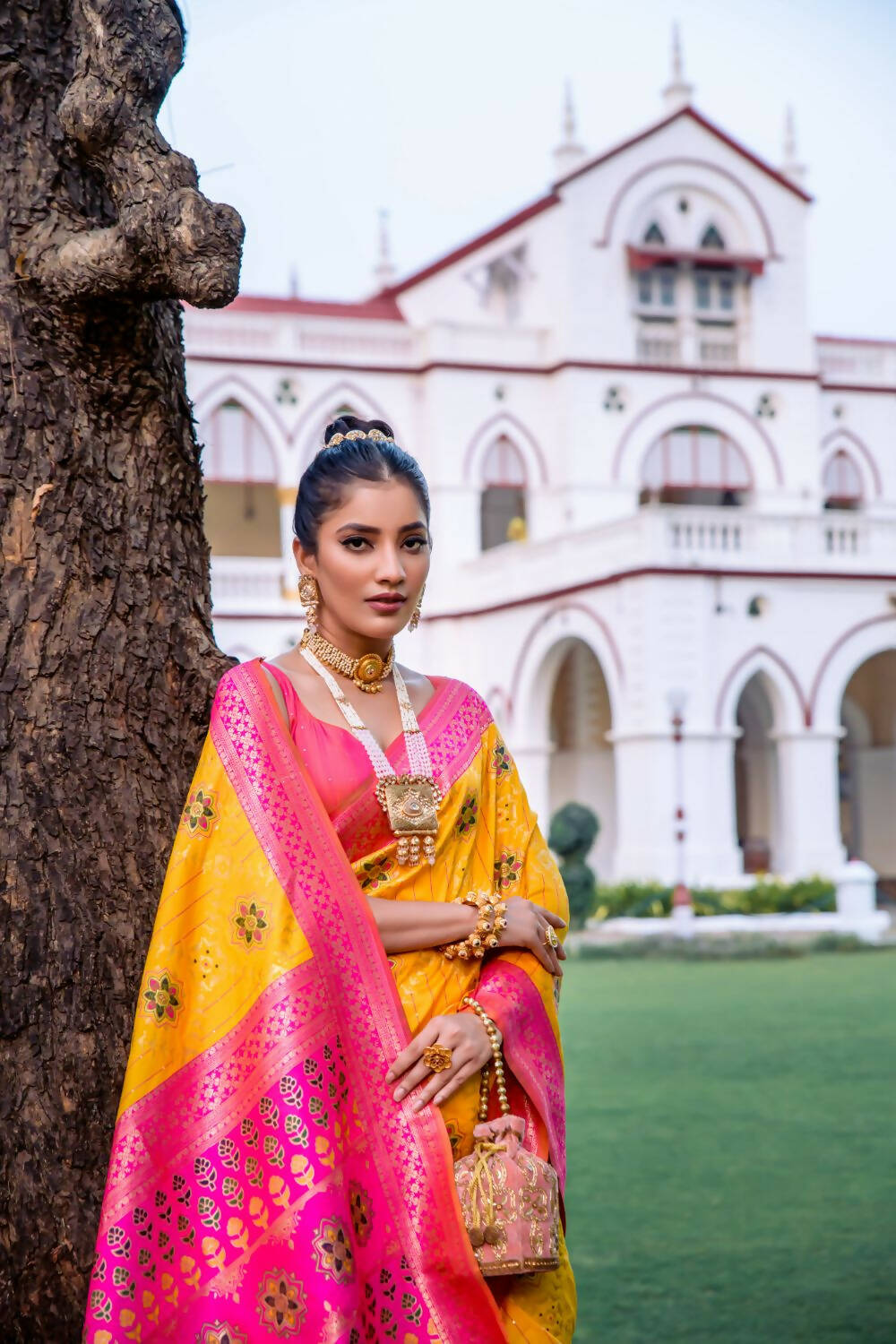 Vishnu Weaves Women's Yellow Patola Banarasi Silk Meenakari Zari Woven Saree with Blouse - Distacart