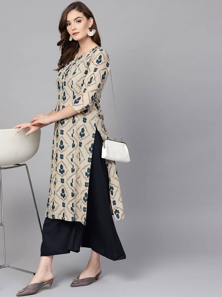 Yufta Women Beige & Blue Printed Kurta with Palazzo