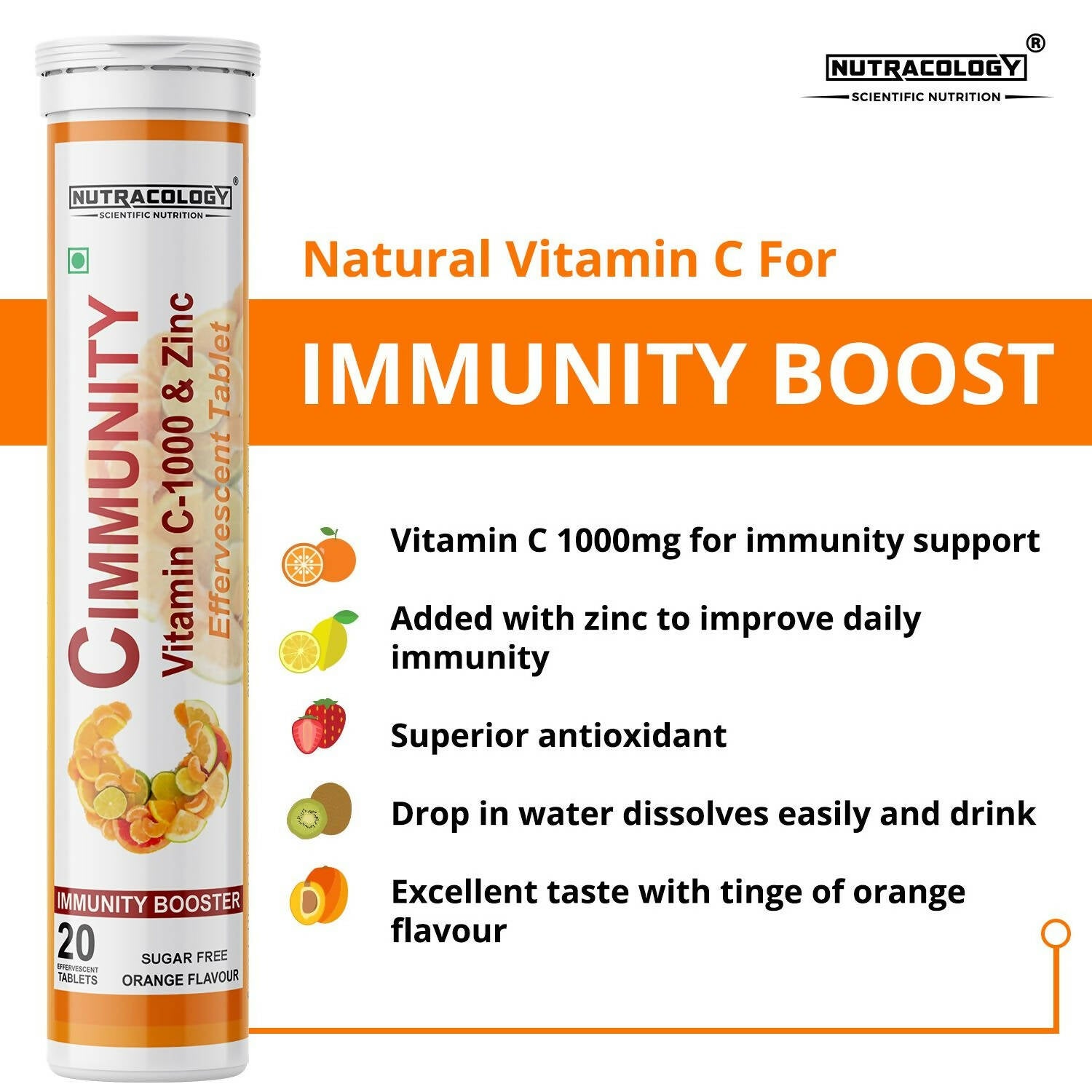Nutracology Cimmunity Vitamin C 1000mg Effervescent Tablet For Glowing Skin, Immunity Booster - Distacart