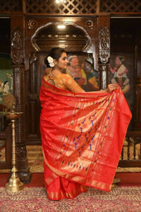 Thumbnail for Very Much Indian Pure Silk Paithani With Most Traditional Double Pallu - Red Shade - Distacart
