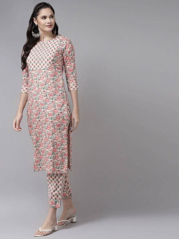 Yufta Pink Ethnic Motifs Printed Regular Pure Cotton Kurta with Trouser & Dupatta