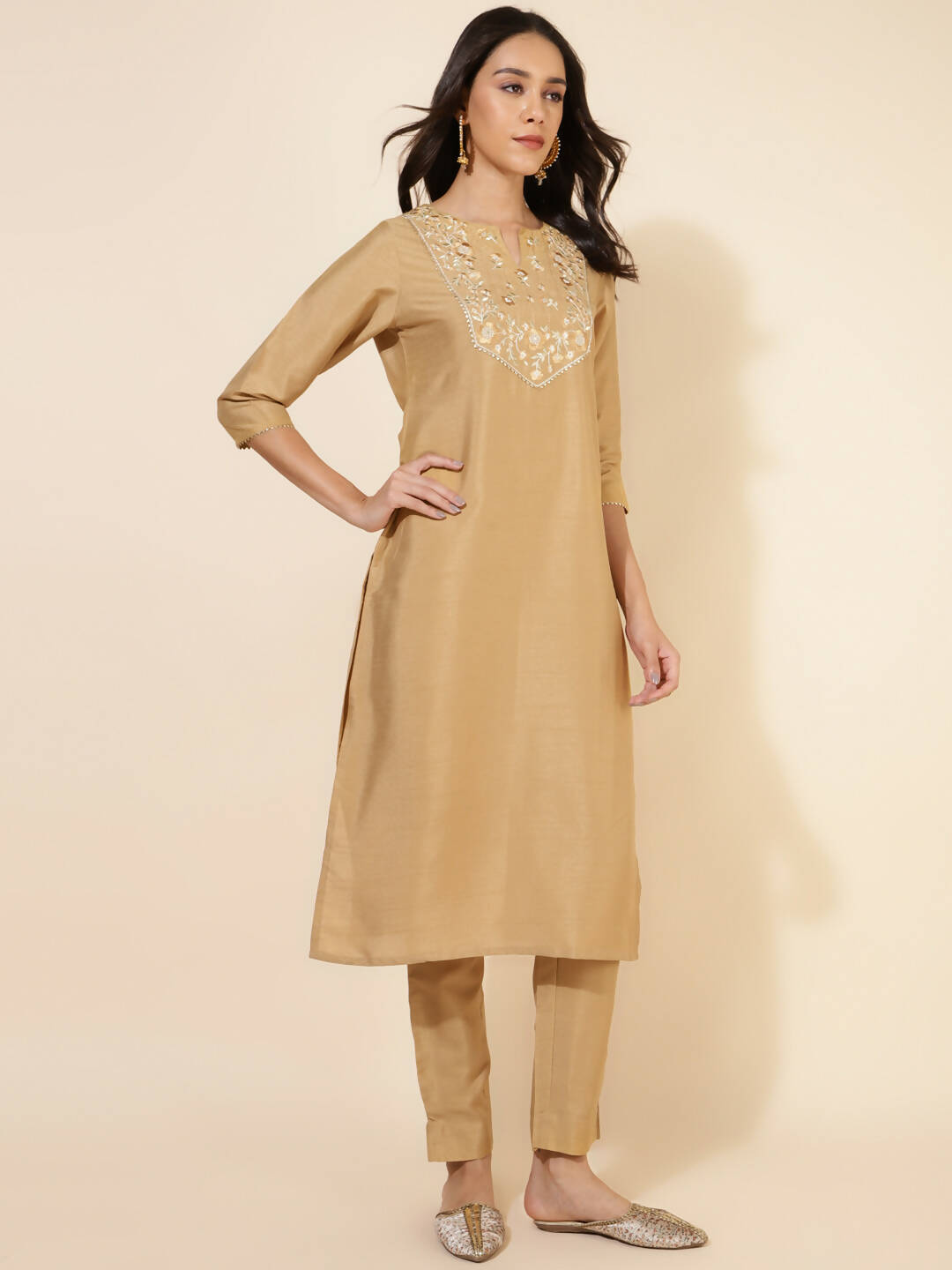 Janasya Women's Gold Crepe Silk Yoke Embroidery Festive Straight Kurta Set - Distacart