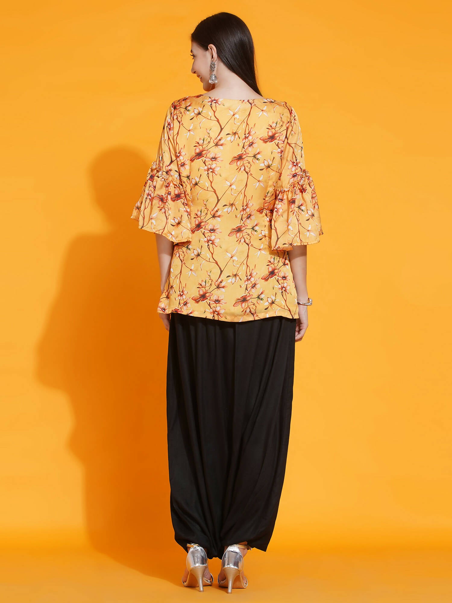 Women Republic Yellow Printed Satin Georgette Shirt With Bell Sleeves And Dhoti - Distacart