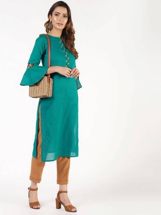 Aniyah Cotton Criss Cross Bell Sleeves Blue Straight Kurta (AN-143K)