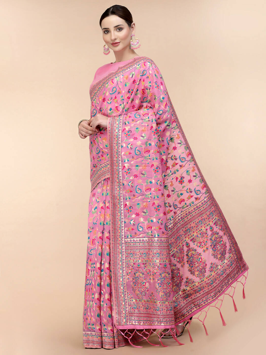 Pink Silk Blend Woven Design Saree With Unstitched Blouse Piece - Aloki - Distacart