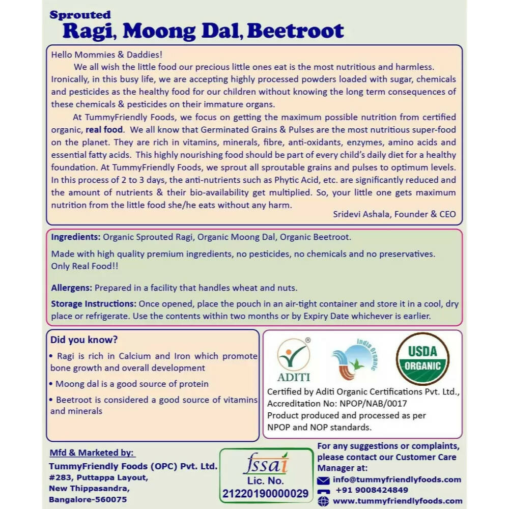 TummyFriendly Foods Organic Sprouted Ragi, Moong Dal, Beetroot Porridge Mix - Distacart