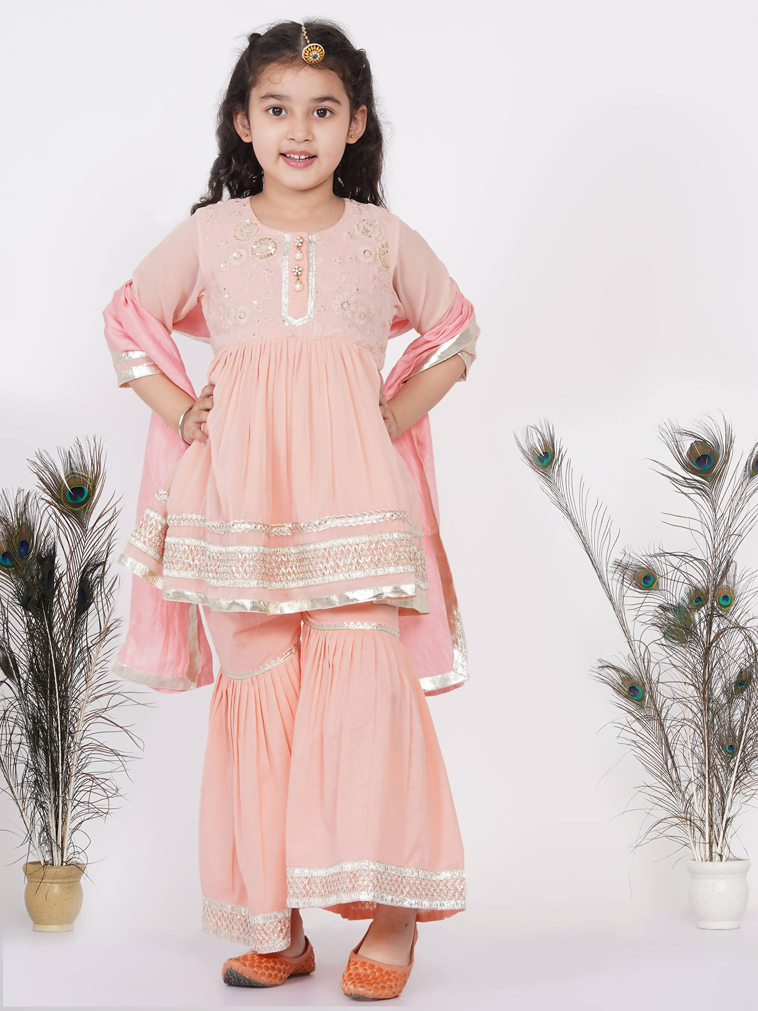Little Bansi Cotton Gotta Patti Kurta frock with Sharara & Dupatta - Peach - Distacart