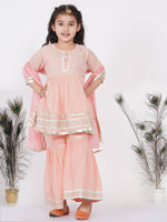Thumbnail for Little Bansi Cotton Gotta Patti Kurta frock with Sharara & Dupatta - Peach - Distacart