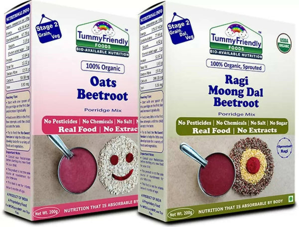 TummyFriendly Foods Organic Oats, Beetroot and Organic Sprouted Ragi, Moong Dal, Beetroot Porridge Mixes Combo - Distacart