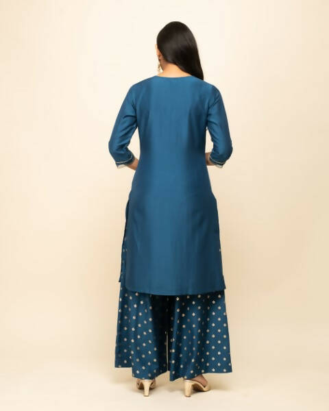 FIORRA Women's Teal Blue Silk Blend Straight Kurta Palazzo Set With Dupatta - Distacart