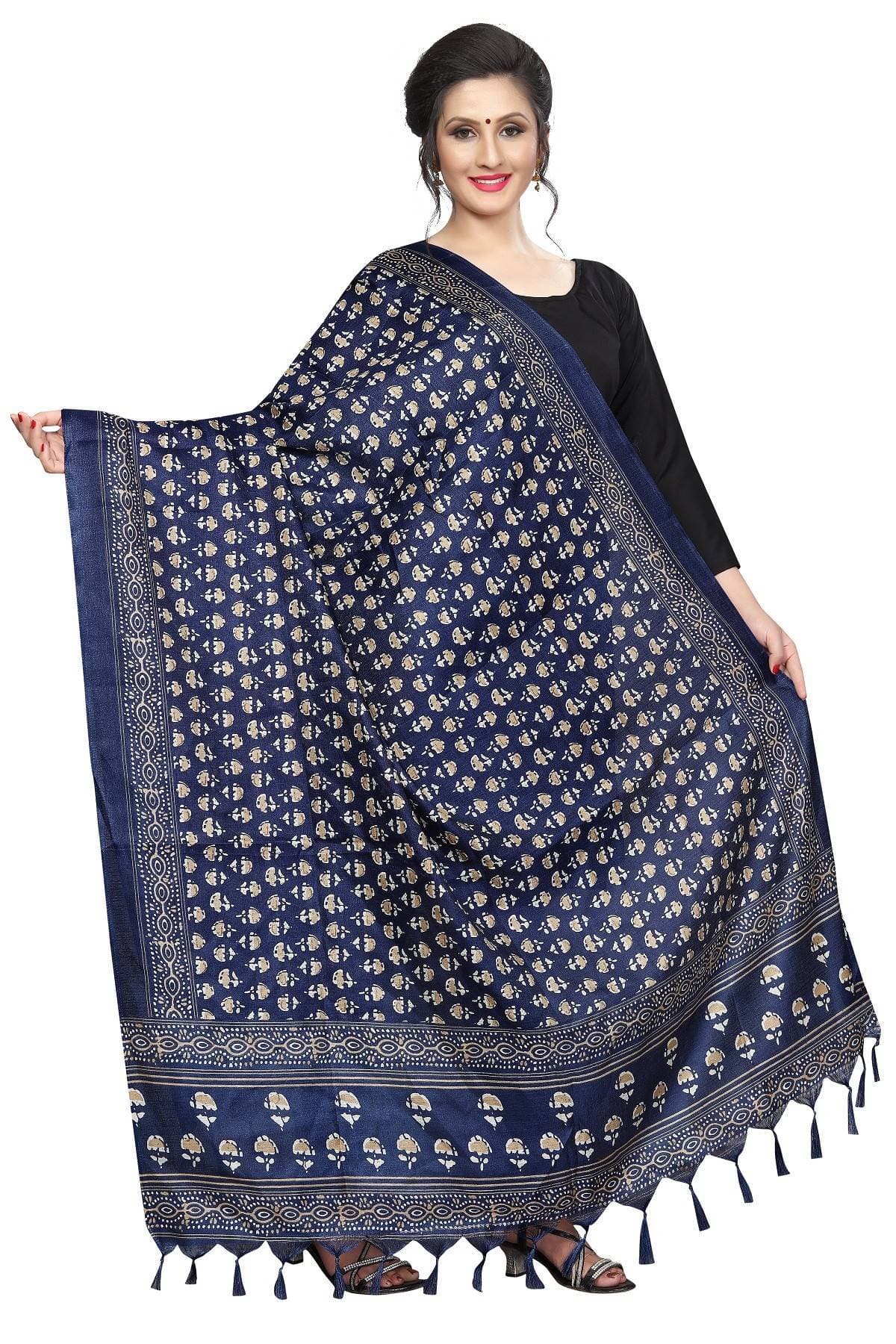 Vamika Navy Blue Printed Khadi Bhagalpuri Latest Dupatta
