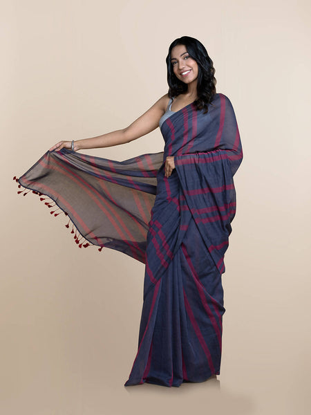 Suta Women Navy Blue Pure Cotton Handloom Saree - Distacart