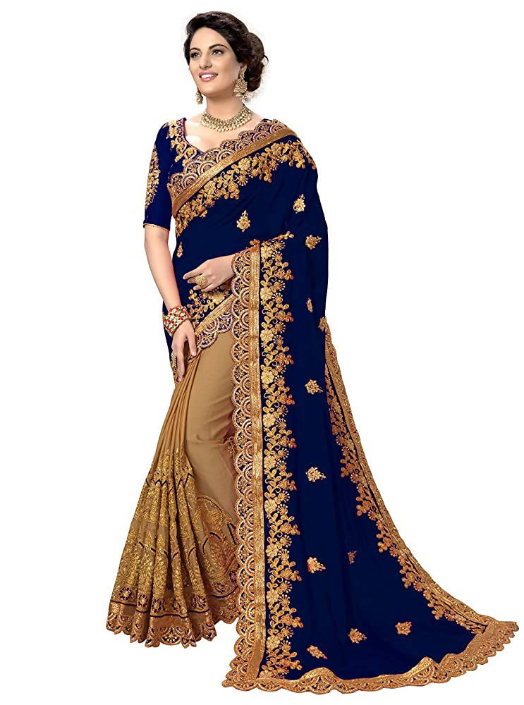Panash Trends Women's Blue Silk Heavy Embroidery Saree