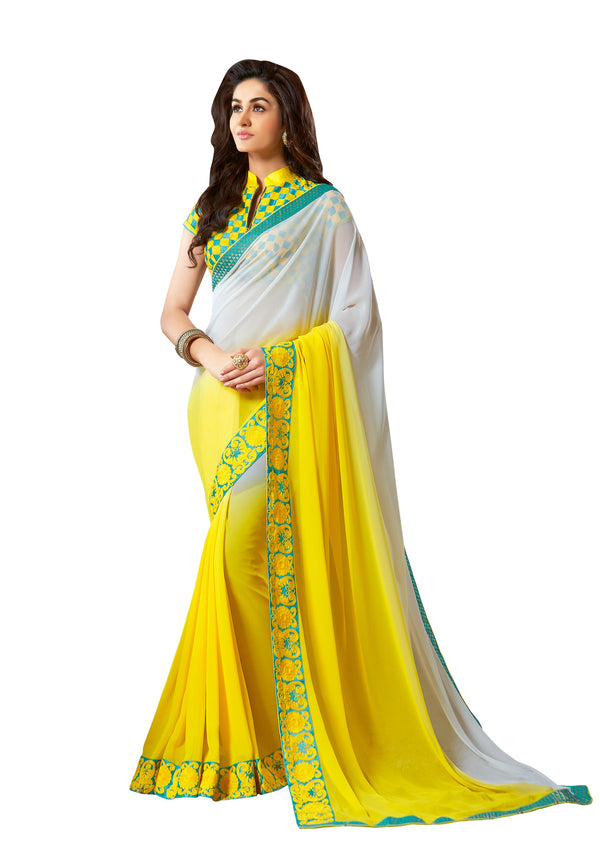 Vamika White & Yellow Designer Georgette Embroidery Saree - Distacart