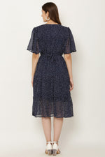 Thumbnail for PAVONINE Micro Dots V-Neck Georgette Fabric Navy Blue Dress For Women - Distacart