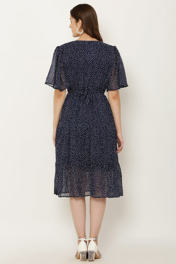 PAVONINE Micro Dots V-Neck Georgette Fabric Navy Blue Dress For Women - Distacart