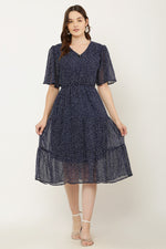 Thumbnail for PAVONINE Micro Dots V-Neck Georgette Fabric Navy Blue Dress For Women - Distacart