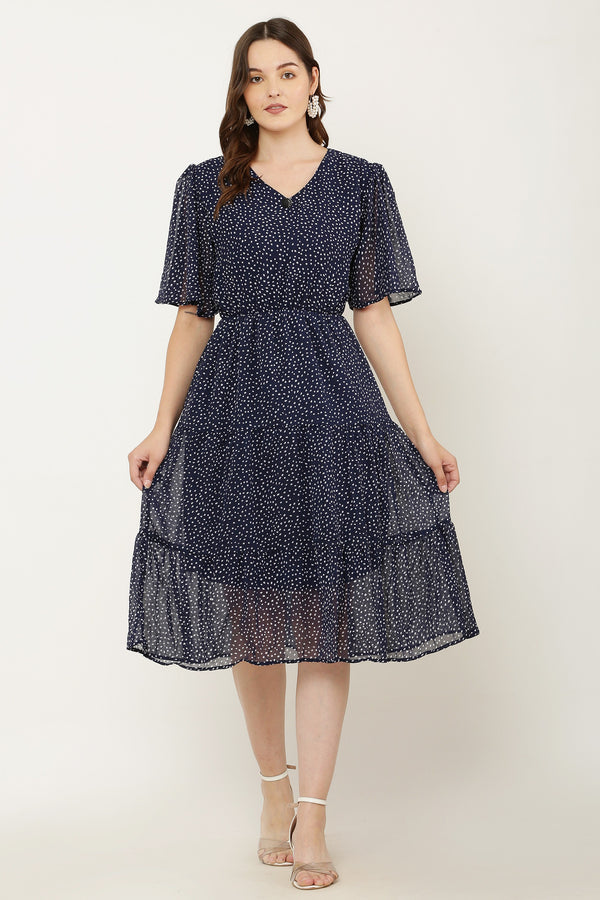 PAVONINE Micro Dots V-Neck Georgette Fabric Navy Blue Dress For Women - Distacart