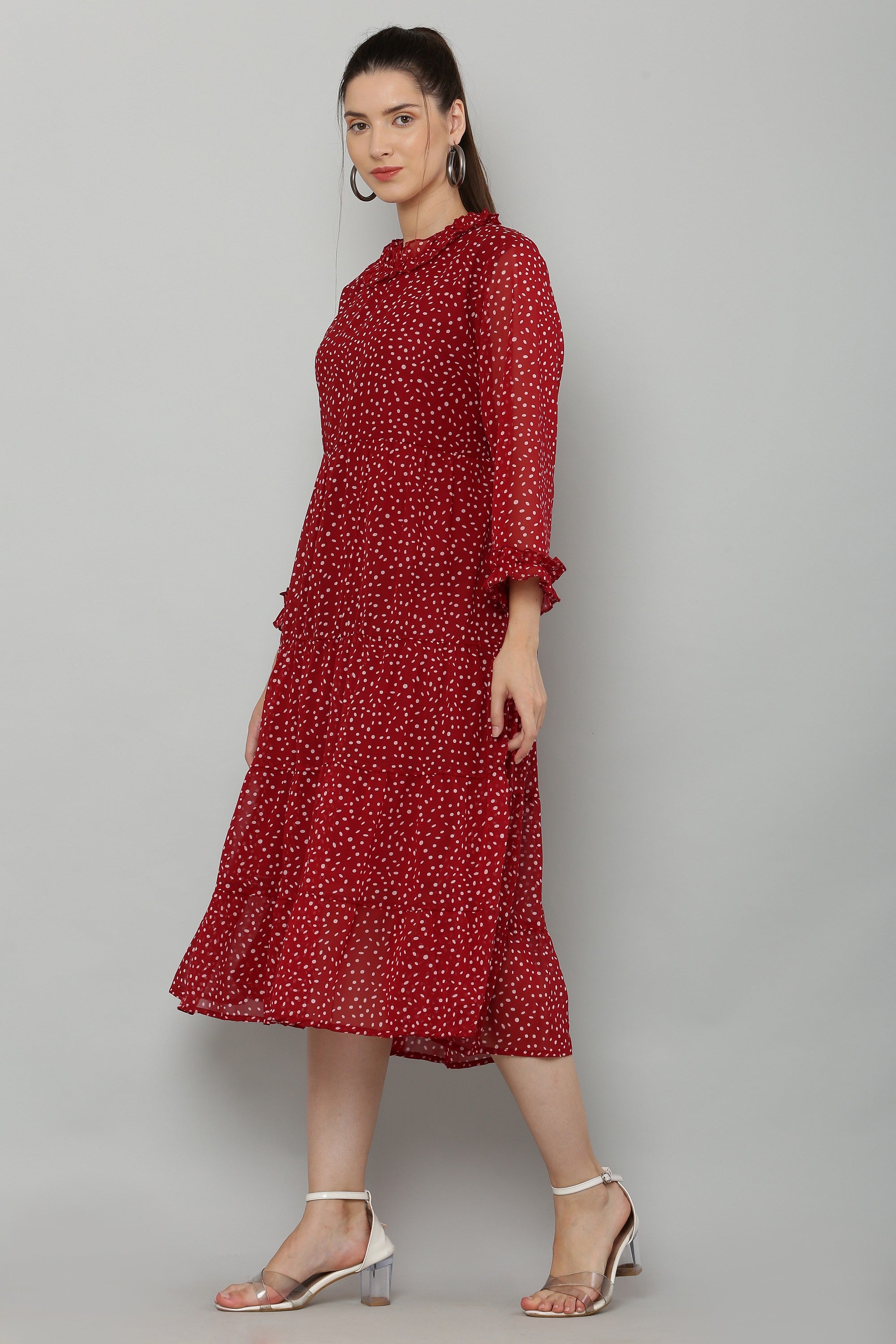 PAVONINE Micro Dots Frill-Neck Georgette Fabric Maroon Dress For Women - Distacart