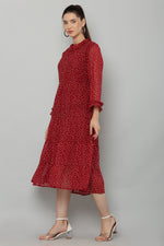 Thumbnail for PAVONINE Micro Dots Frill-Neck Georgette Fabric Maroon Dress For Women - Distacart